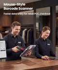 Retail workers using 2-In-1 Wireless Mouse And Barcode Scanner With Bluetooth QR Code Reader, Portable 1D And 2D Scanner on counter