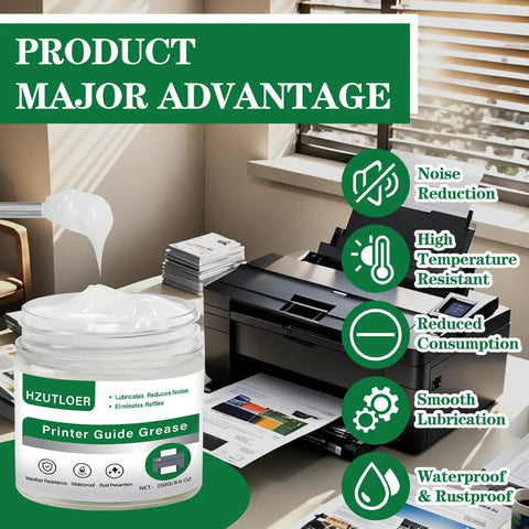 White Lubricating Grease 250g for printers and 3D printers in office setting with highlights of noise reduction and durability