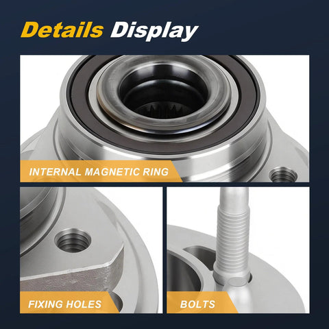 Detailed view of Two Piece Front And Rear Wheel Bearing Hub Assembly For Five Lug GM Vehicles Including Impala Equinox Camaro Lacrosse Regal Terrain Malibu XTS CTS Cadillac 2010s Ensures Smooth Rotation And Long Lasting Performance showing magnetic ring, fixing holes, and bolts.