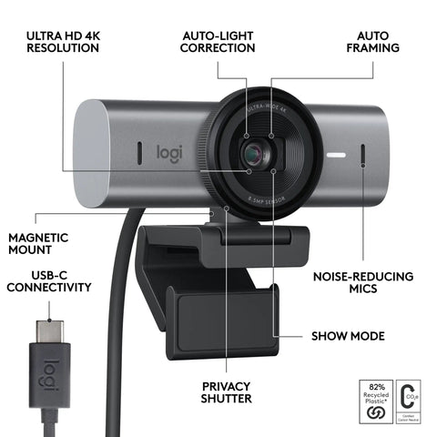 Killer 4K Ultra HD Webcam With Dead Quiet Noise Reducing Mics and Sick AI Video Tracking features USB-C connectivity, privacy shutter.