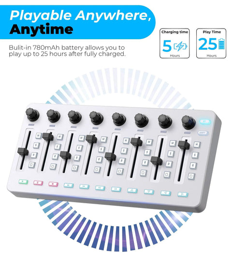 Wireless MIDI Controller Mixer With 43 Backlit Buttons And USB MIDI Keyboard For PC And Mac, showing 8 faders.