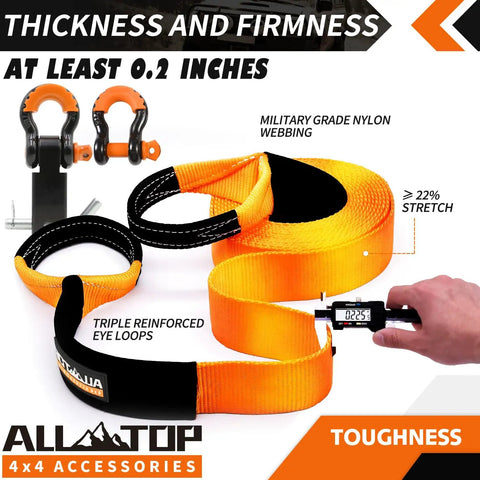 Nylon Recovery Kit With Hitch Receiver And Shackles For Off Road Recovery, showing 3 inch by 20 foot snatch strap with shackles