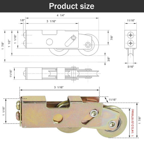 Two Pack Sliding Door Rollers Replacement Kit With One And One Quarter Inch Tandem Roller Assembly dimensions diagram