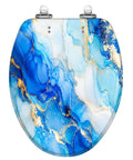 Elongated Alcohol Abstract Indigo White Gold Stains Stains Toilet Seat with blue and white pattern, durable resin material, top view.