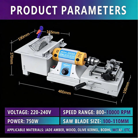 750 Watts Mini Table Lathe For Jewelry Stone Carving And Woodworking with pure copper motor and adjustable speed control.