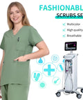 Unisex Medical Scrubs Set With Jogger Pants And Multi Pocket Top, Adjustable Drawstring Waist For All Body Types, Breathable Moisture Wicking Fabric, Flexible Fit, Durable Uniform For Nurses And Doctors in matcha green color.