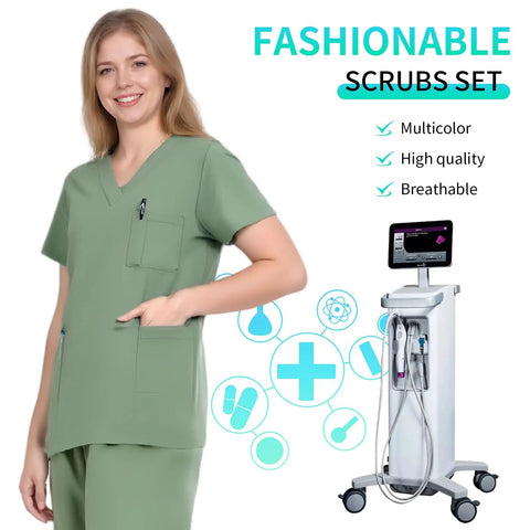 Unisex Medical Scrubs Set With Jogger Pants And Multi Pocket Top, Adjustable Drawstring Waist For All Body Types, Breathable Moisture Wicking Fabric, Flexible Fit, Durable Uniform For Nurses And Doctors in matcha green color.