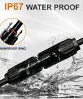 IP67 waterproof Y Branch Solar Connector Kit for Panels with parallel wiring adapters, shown with rainproof ring and water splash.