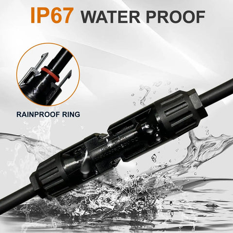 IP67 waterproof Y Branch Solar Connector Kit for Panels with parallel wiring adapters, shown with rainproof ring and water splash.