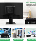 Rock Solid Firewall Mini PC With Intel N150 Processor and Four Kickass Network Ports, VESA mounted behind a monitor.