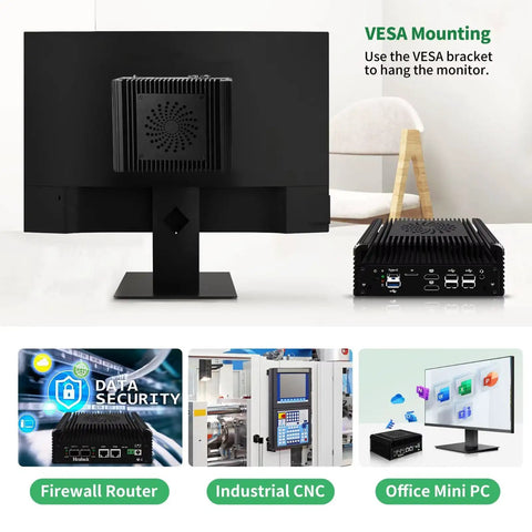 Rock Solid Firewall Mini PC With Intel N150 Processor and Four Kickass Network Ports, VESA mounted behind a monitor.