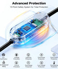 Close-up of Portable Level 1 And 2 EV Charger For Tesla Models Y 3 X S Cybertruck with 10-point safety system and NACS connector.
