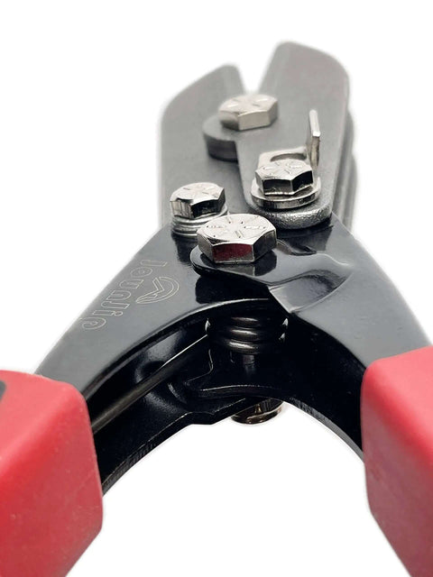 Close-up of Five Blade Sheet Metal Crimper Hand Crimper For 24 To 28 Gauge Ductwork Downspout And Stove Pipe HVAC Tool with red handles