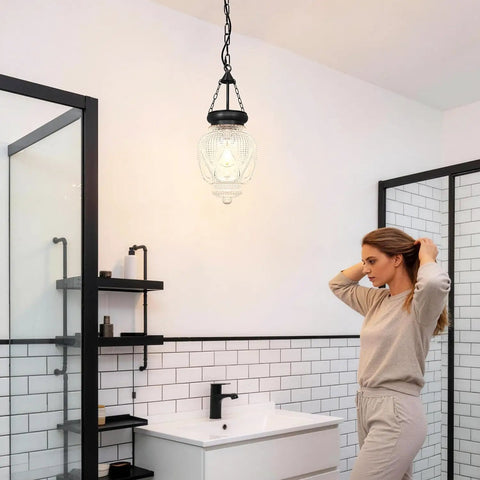Black Kitchen Island Pendant Light With Adjustable Height From 22 To 56 Inches in modern rustic bathroom setting