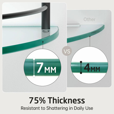 Comparison of 7mm thick glass from Tempered Glass Corner Shelf With Rail Mount Two Pack No Fuss Rustproof Matte Black Stainless Steel 304 Wall Shelf