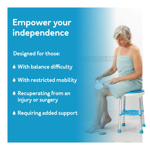 Older adult seated on 360 Degree Swivel Bath Stool With Cushioned Seat And Storage Tray Adjustable Rotating Shower Chair For Seniors And Adults Easy Entry And Exit From Tub