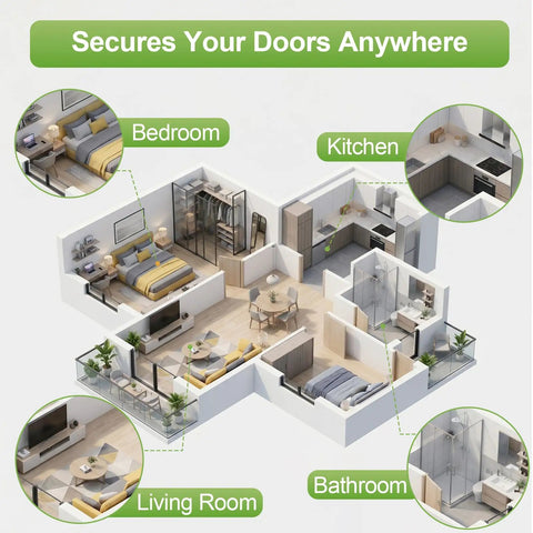 3D floor plan showing Ultra Thin No Drill Magnetic Cabinet Door Catch Set use in bedroom, kitchen, living room, and bathroom.