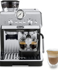 La Specialista Arte Espresso Machine Conical Burr Grinder Eight Grind Settings with two espresso cups and steam wand