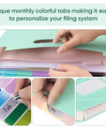 Close-up of Slick 13 Pocket Accordion Expanding File Folder Crafted From Eco Friendly Wheat Straw with colorful tabs for organization.