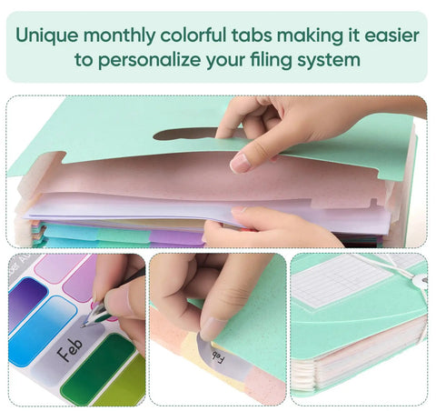Close-up of Slick 13 Pocket Accordion Expanding File Folder Crafted From Eco Friendly Wheat Straw with colorful tabs for organization.