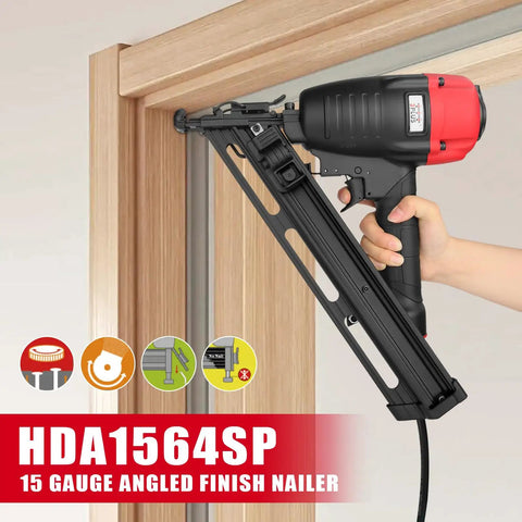 Person using Pro Grade 15 Gauge Angled Finish Nailer With Tool Free Depth Adjustment No Mar Tip And Work Contact Element
