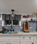 Kitchen with blue marble peel and stick backsplash tiles, self-adhesive removable for kitchen, 12x12 size, realistic 3D texture.