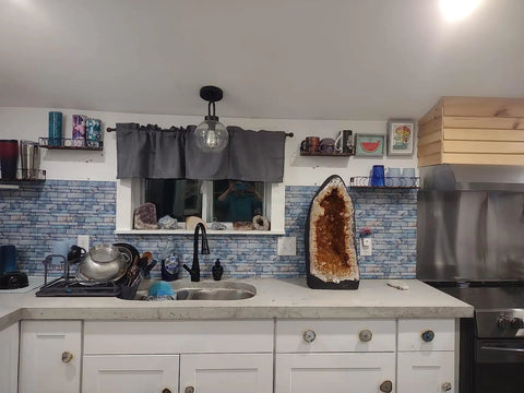 Kitchen with blue marble peel and stick backsplash tiles, self-adhesive removable for kitchen, 12x12 size, realistic 3D texture.