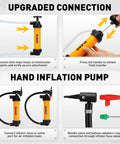 Gas siphon pump with hoses; two orange units with inflator hose adapters and needle/balloon adapters.