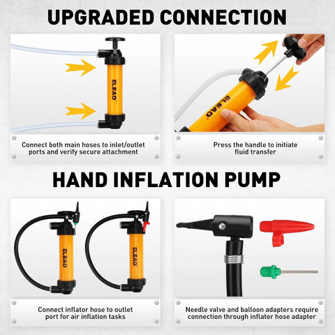 Gas siphon pump with hoses; two orange units with inflator hose adapters and needle/balloon adapters.