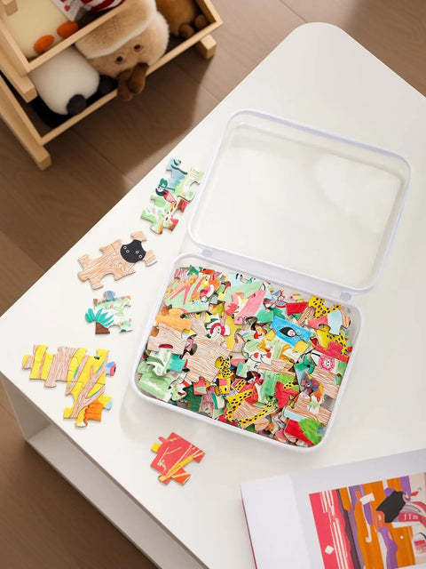Open 3 Pack Large Clear Hard Shell Zippered Organizer Case filled with colorful puzzle pieces, visible side view.