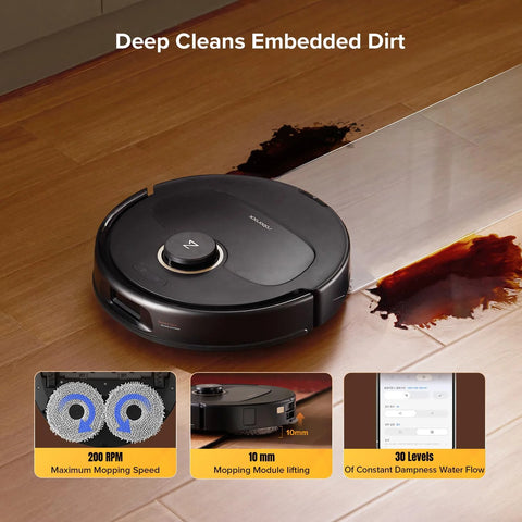 roborock Qrevo S5V robot vacuum and mop, front view, black round unit on wood floor
