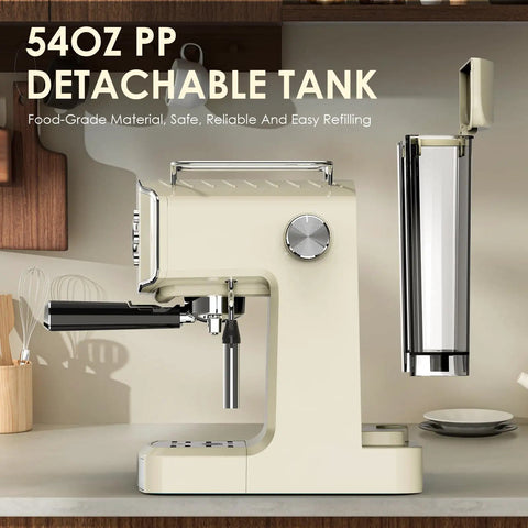 Straight Up Retro 20 Bar Espresso Machine With Integrated Milk Frother And ESE Pod Compatible Setup featuring 54oz detachable tank.