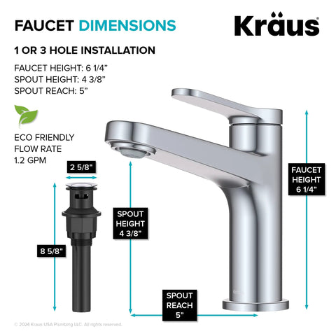 Diagram showing dimensions of Indy Single Handle One Hole Bathroom Sink Faucet in Brushed Gold with solid brass build.