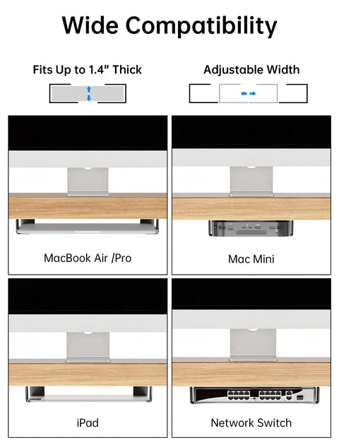 Wide compatibility for Heavy Duty Under Desk Laptop Mount And Wall Holder Adjustable Metal Bracket showing various devices.