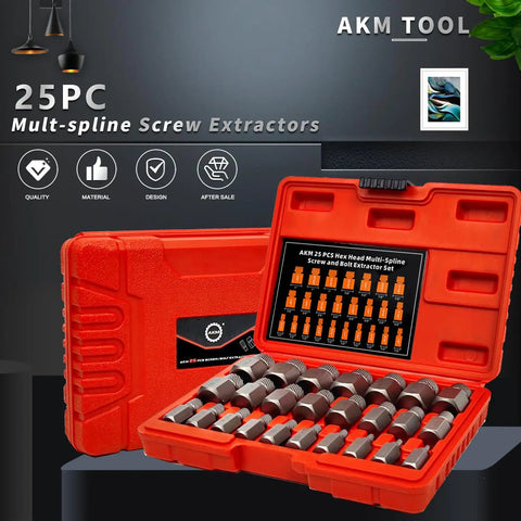 Heavy Duty 25-Piece Screw Extractor Set With Hex Head And Multi Spline Bits, Chrome Molybdenum Steel Easy Out Bolt Remover