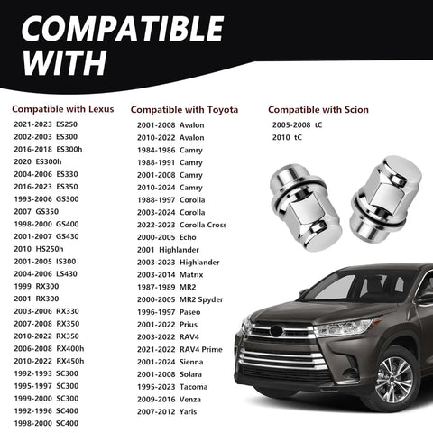 4 Piece M12x1.5 Lug Nuts Set Chrome Plated Steel Wheel Locks With Washer Replacement For OEM 90084 94001 90942 01033 MB579290 Toyota Camry Prius Lexus ES250
