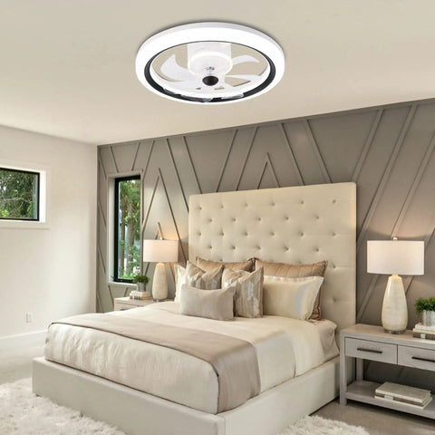 Low Profile 20 Inch LED Ceiling Fan With Light in modern bedroom, Smart Dimmable Flush Mount Indoor Fan, App Remote Control