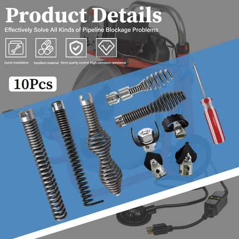 Reliable Ten Piece Drain Snake Drill Attachment And Heavy Duty Spiral Auger Cutter Set For Five Eighth Inch Pipes Clears Blockages No Sweat Boosts Flow Quickly, showing ten durable auger blades and drill attachments.