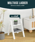 Sturdy 2 Step Ladder With 17 Inch Top Step, 300 Lb Capacity, White Finish, Wider 7.9 Inch Treads For Comfort And Stability, Great For Home, Garage, And DIY Tasks used as shelf