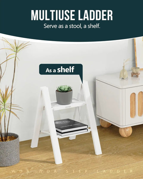 Sturdy 2 Step Ladder With 17 Inch Top Step, 300 Lb Capacity, White Finish, Wider 7.9 Inch Treads For Comfort And Stability, Great For Home, Garage, And DIY Tasks used as shelf