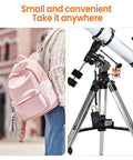 Pink backpack on the left and a telescope on a tripod with accessories on the right in a split-view image.