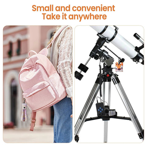 Pink backpack on the left and a telescope on a tripod with accessories on the right in a split-view image.