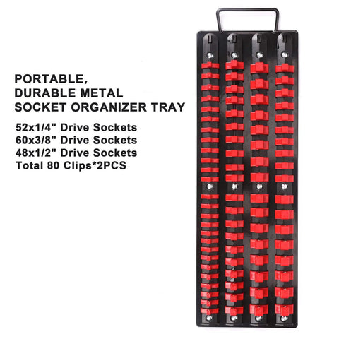 Heavy Duty Socket Organizer Tray Two Pack For One Quarter Inch, Three Eighths Inch, And One Half Inch Sockets, black with red clips.
