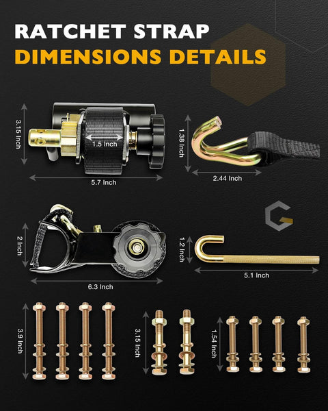 Dimensions of Four Pack One And A Half Inch Ratchet Straps With J Hooks For Ladder Rack And Roof Gear Seven Point Five Feet Long