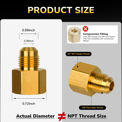 Two-view diagram of brass 3/8 inch flare to 1/2 inch NPT female fitting; hex body with male flare and female NPT threads