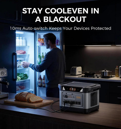 S1000 Pro Portable Power Station With 3000W Surge And 2200W Continuous powering a fridge during blackout