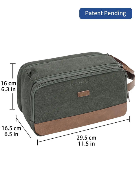 Mens Travel Toiletry Organizer Bag With Canvas And Leather Dopp Kit Water Resistant Shaving Case Wet Pocket Large Green