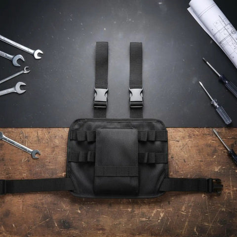 No Nonsense Heavy Duty Tool Leg Holster With Multi Compartment Elastic Loops For Quick Wrench Pliers And Screwdriver Access in black.