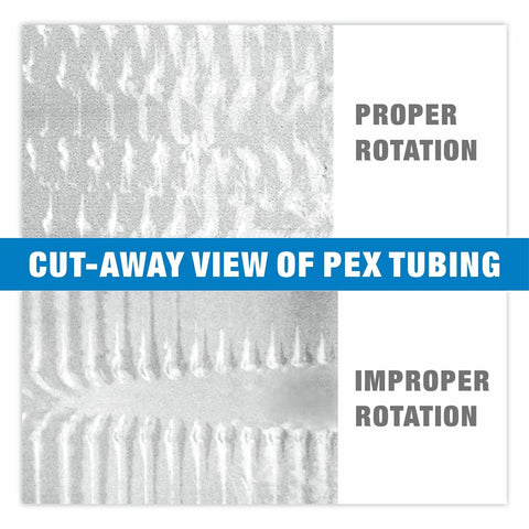 Cut-away view showing proper and improper rotation of PEX tubing for F1960 PEX A Expansion Tool With Pipe Cutter And Expander Heads