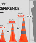 Silhouette size comparison of 4 Pack 18 Inch Collapsible Traffic Cones With Reflective Collar Orange Pop Up Safety Cones next to taller cones.